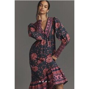 Anthropologie Farm Rio Puff Sleeve V Neck Midi Dress Sz Lg Purple Pattern